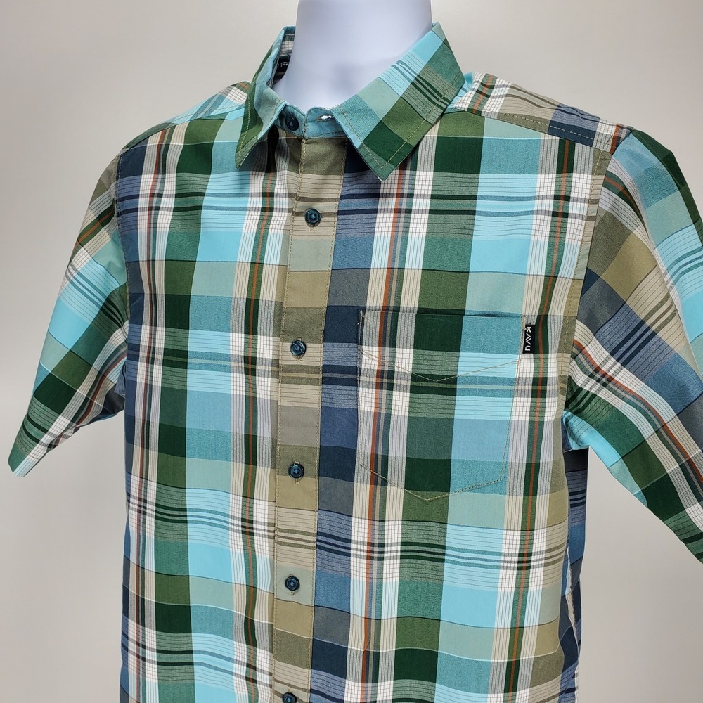 Kavu Mens Small Shirt Short Sleeve Button Up Plaid Cotton Blend‎ Blue Check Hike